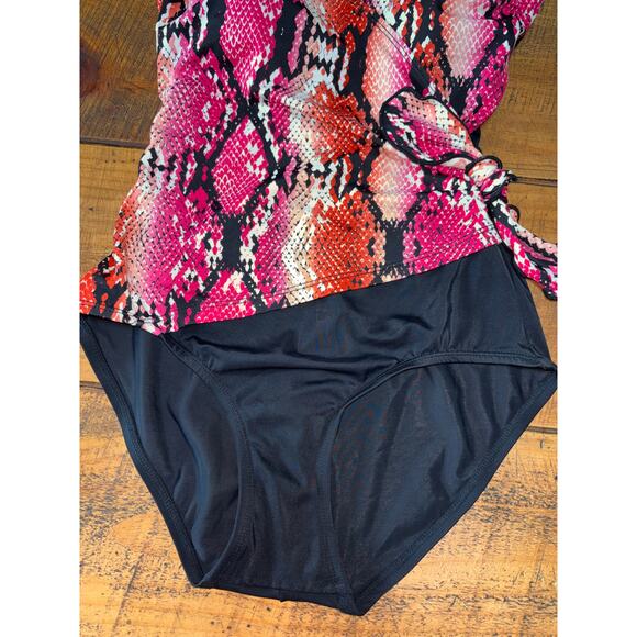 Womens Gabar Pink Orange Black Snakeskin Side Tie One Piece Swim Suit‎ Size 10 - Picture 2 of 8